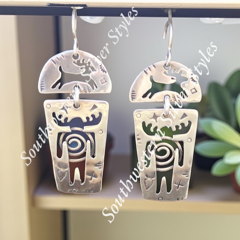 Native American Deer Shaman Petroglyphs Inspired Sterling Silver Plated Earrings